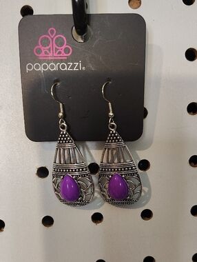 paparazzi Silver-Tone Teardrop Earrings with Purple Cabochon